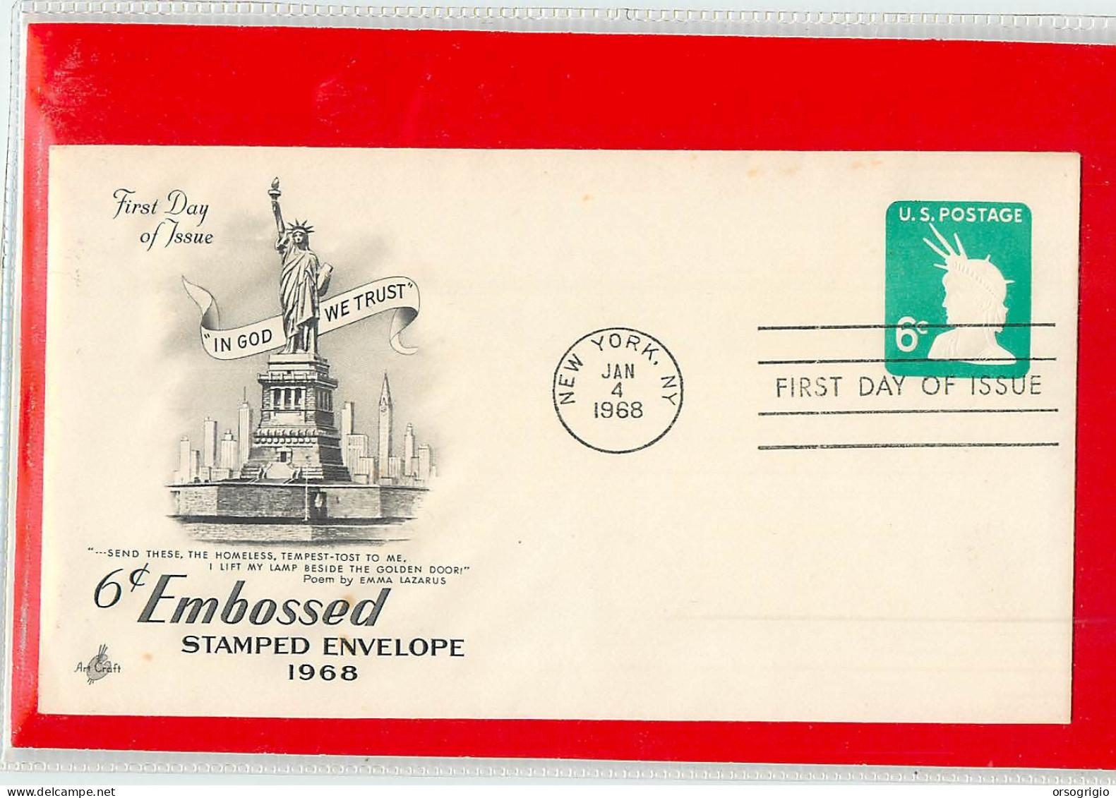 USA - EMBOSSED STAMPED ENVELOPE - FDC 1968  6c. - 1961-80