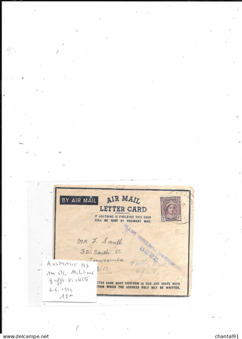 AUSTRALIE N° 143 OBL SUR PLI MILITAIRE GRIFFE VIOLETTE 6/6/1944 - Brieven En Documenten