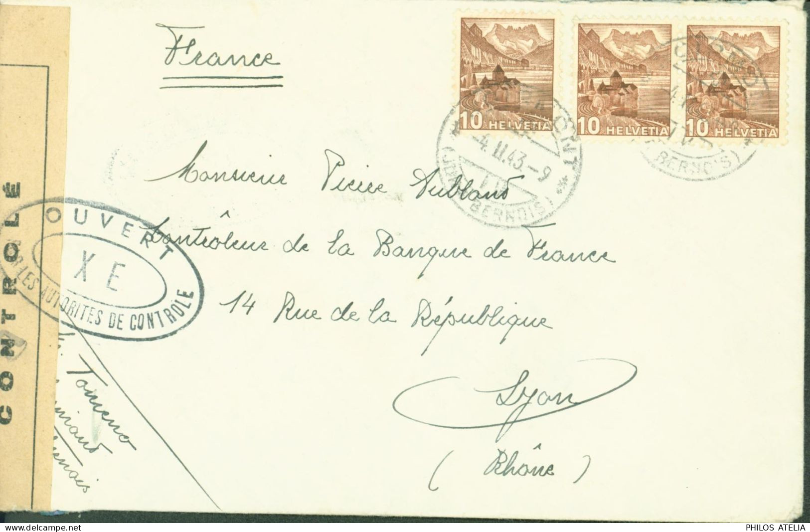 Guerre 40 YT Suisse Helvetia N°348 X3 Nuance Couleurs CAD 4 11 43 Censure Bande + Cachet XE = Vichy Vignette Croix Rouge - WW II