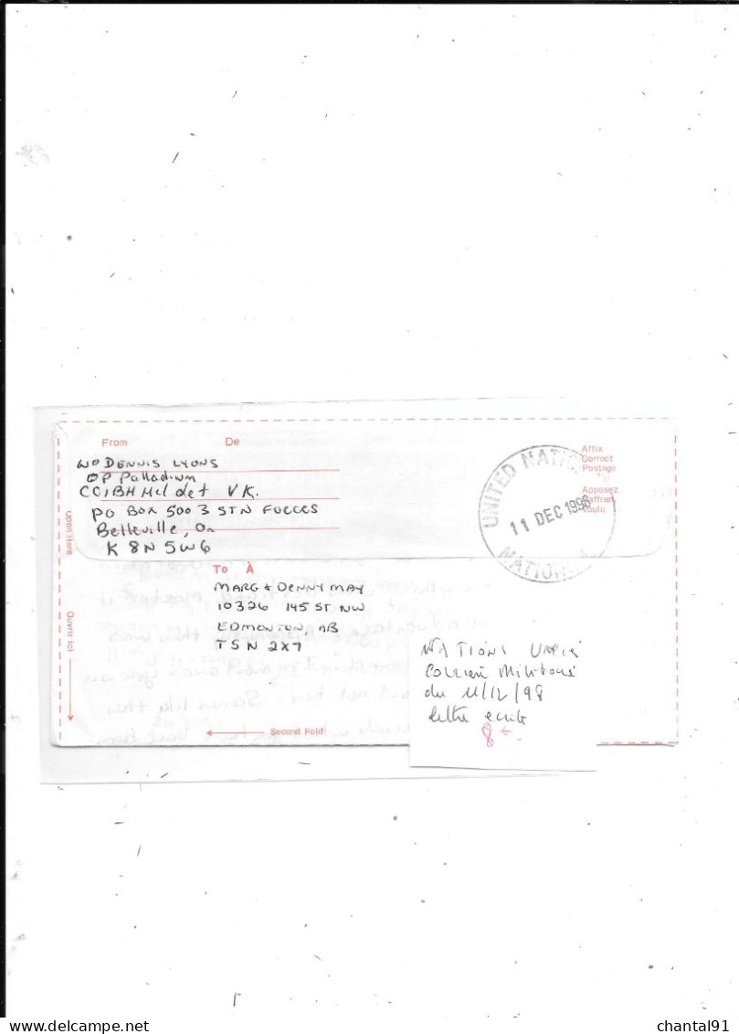 NATIONS UNIES COURRIER MILITAIRE DU 11/12/98 LETTRE ECRITE - Briefe U. Dokumente