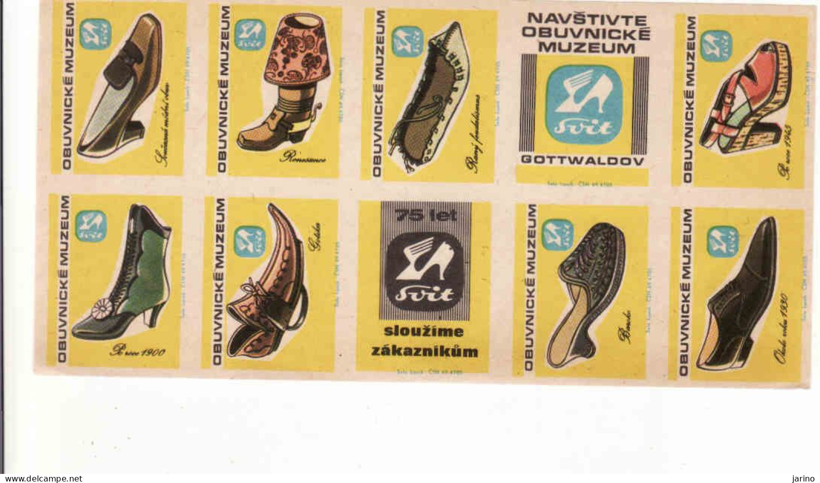 Czechoslovakia - Czechia 10 Matchbox Labels - Obuvnícke Muzeum Gottwaldov, 75 Years Of The Svit Company - Shoes - Boites D'allumettes - Etiquettes