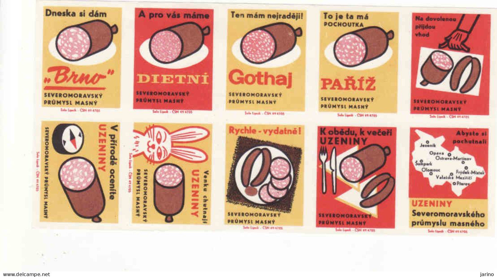 Czechoslovakia - Czechia 10 Matchbox Labels Cold Cuts, Sausages, Salami, North Moravian Region - Boites D'allumettes - Etiquettes