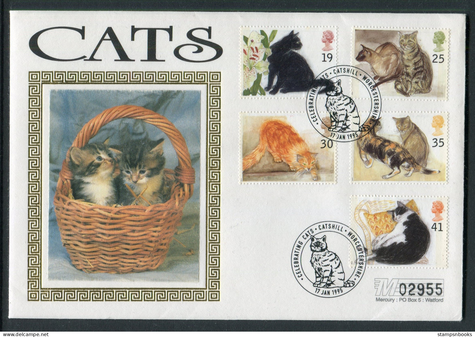 1995 GB Cats First Day Cover, Catshill Worcestershire FDC - 1991-2000 Dezimalausgaben