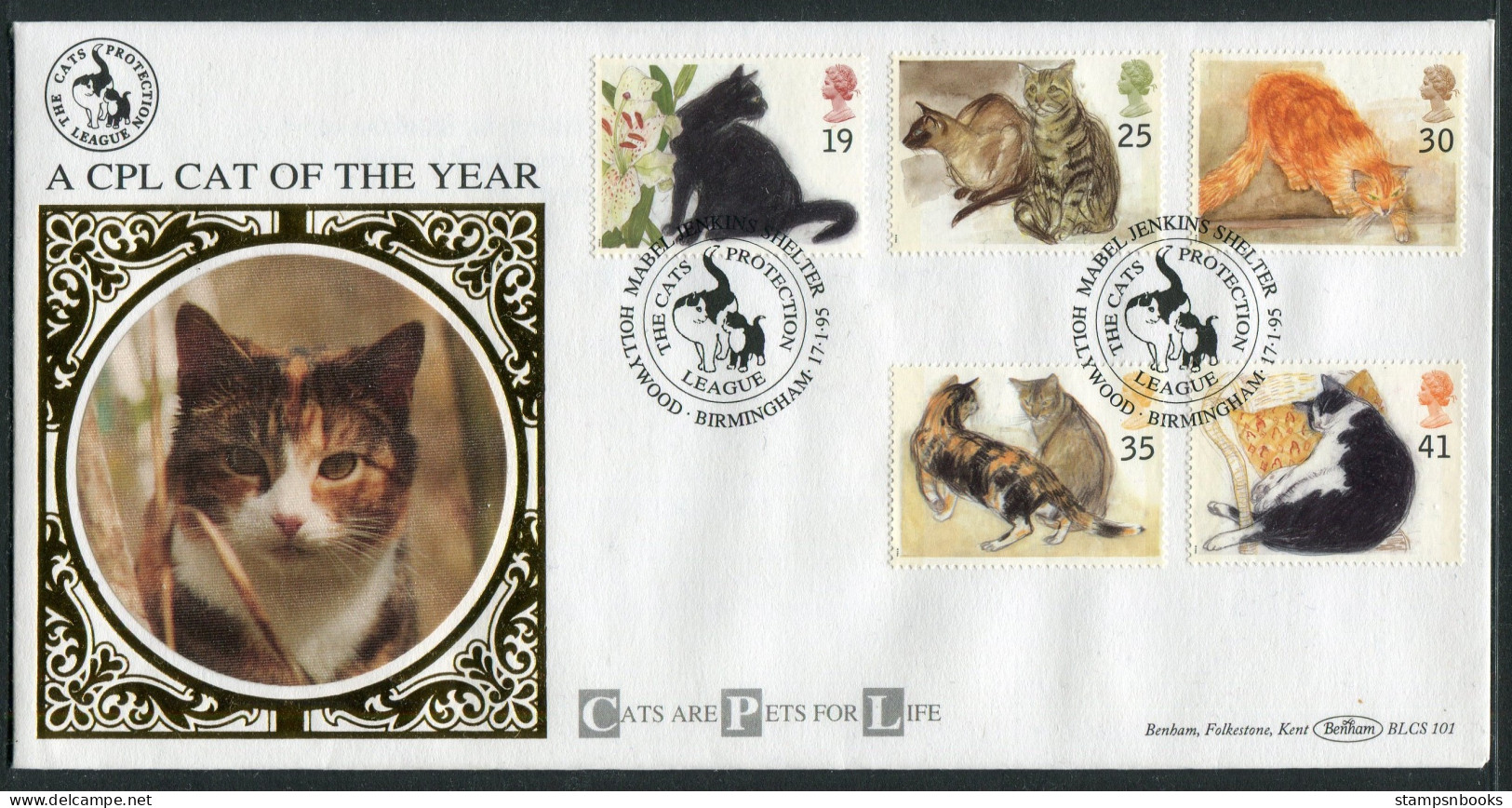 1995 GB Cats First Day Cover, Cats Protection League, Hollywood Birmingham Benham BLCS 101 FDC - 1991-2000 Dezimalausgaben