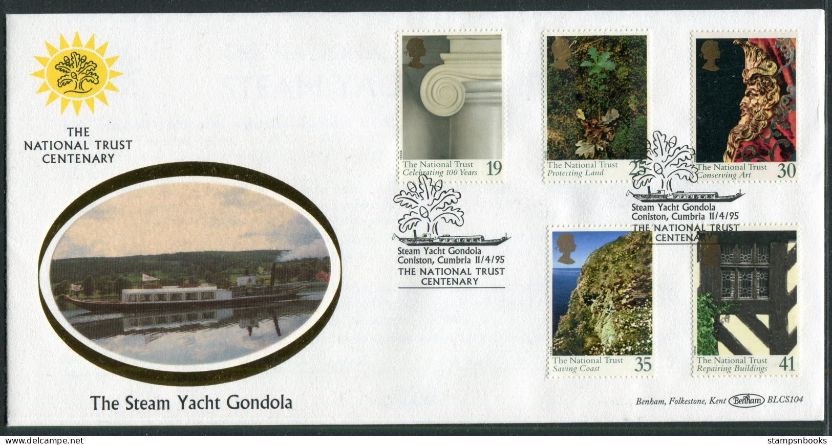 1995 GB National Trust First Day Cover, Steam Yacht Gondola, Coniston Benham BLCS 104 FDC - 1991-2000 Dezimalausgaben