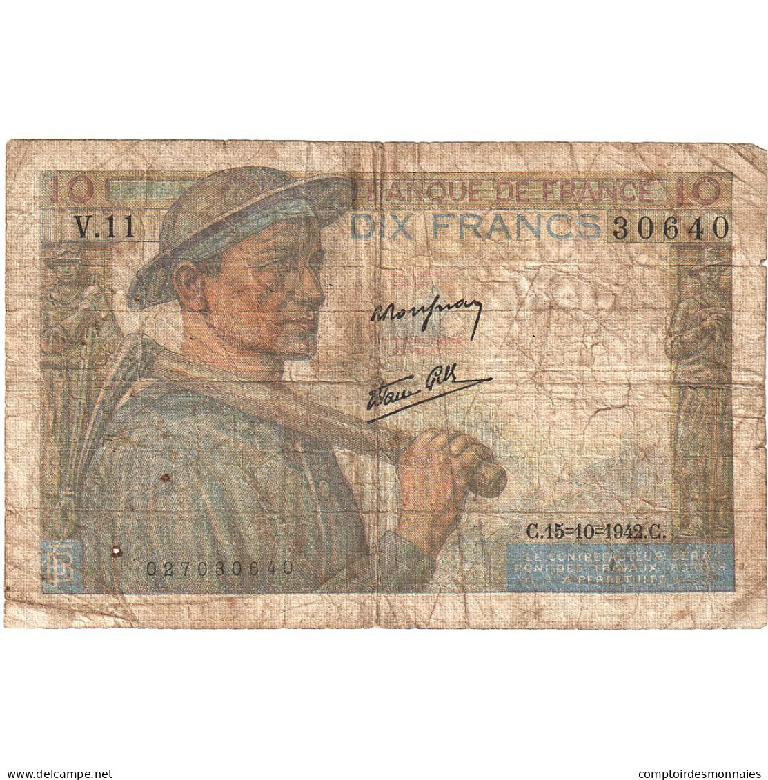 France, 10 Francs, Mineur, 1942, V.11, B+, Fayette:8.4, KM:99d - 10 F 1941-1949 ''Mineur''