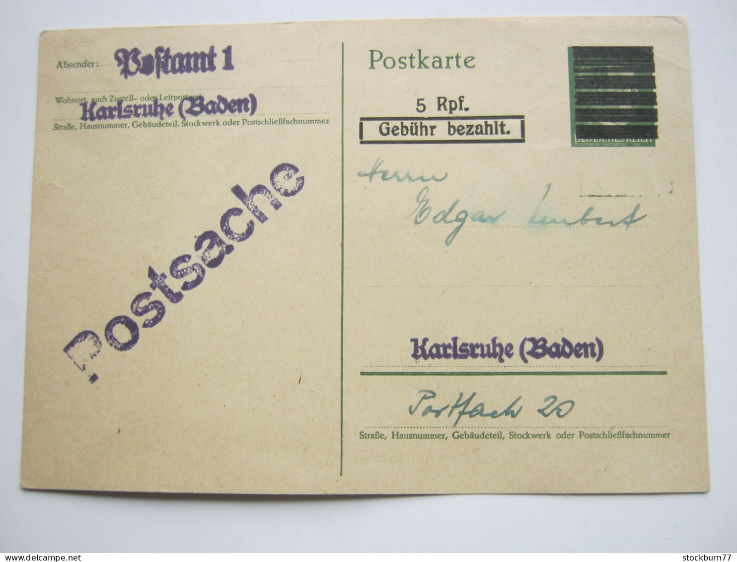 1945 , 5 Pfg. Ganzsache Als POSTSACHE Aus Karlsruhe - Emissions De Nécessité Zone Britannique