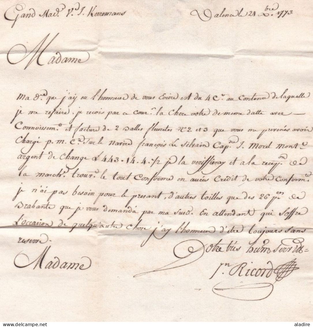 1773 - Marque Postale VALENCIA Sur Lettre Pliée Avec Corresp En Français Vers GANTE, Flandres, Provinces Unies - ...-1850 Prefilatelia