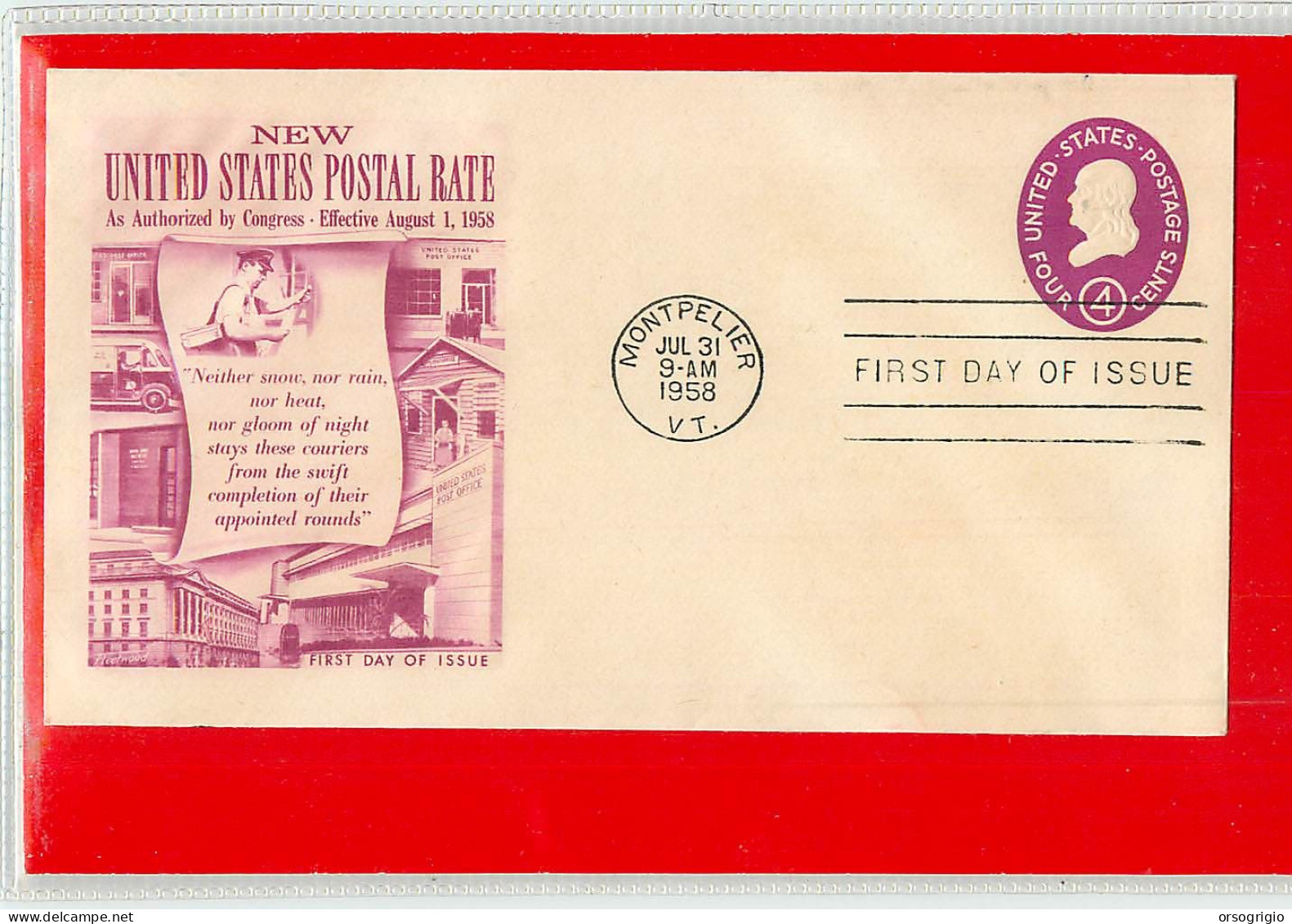 USA - EMBOSSED STAMPED ENVELOPE - FDC 1958   4c. - 1941-60