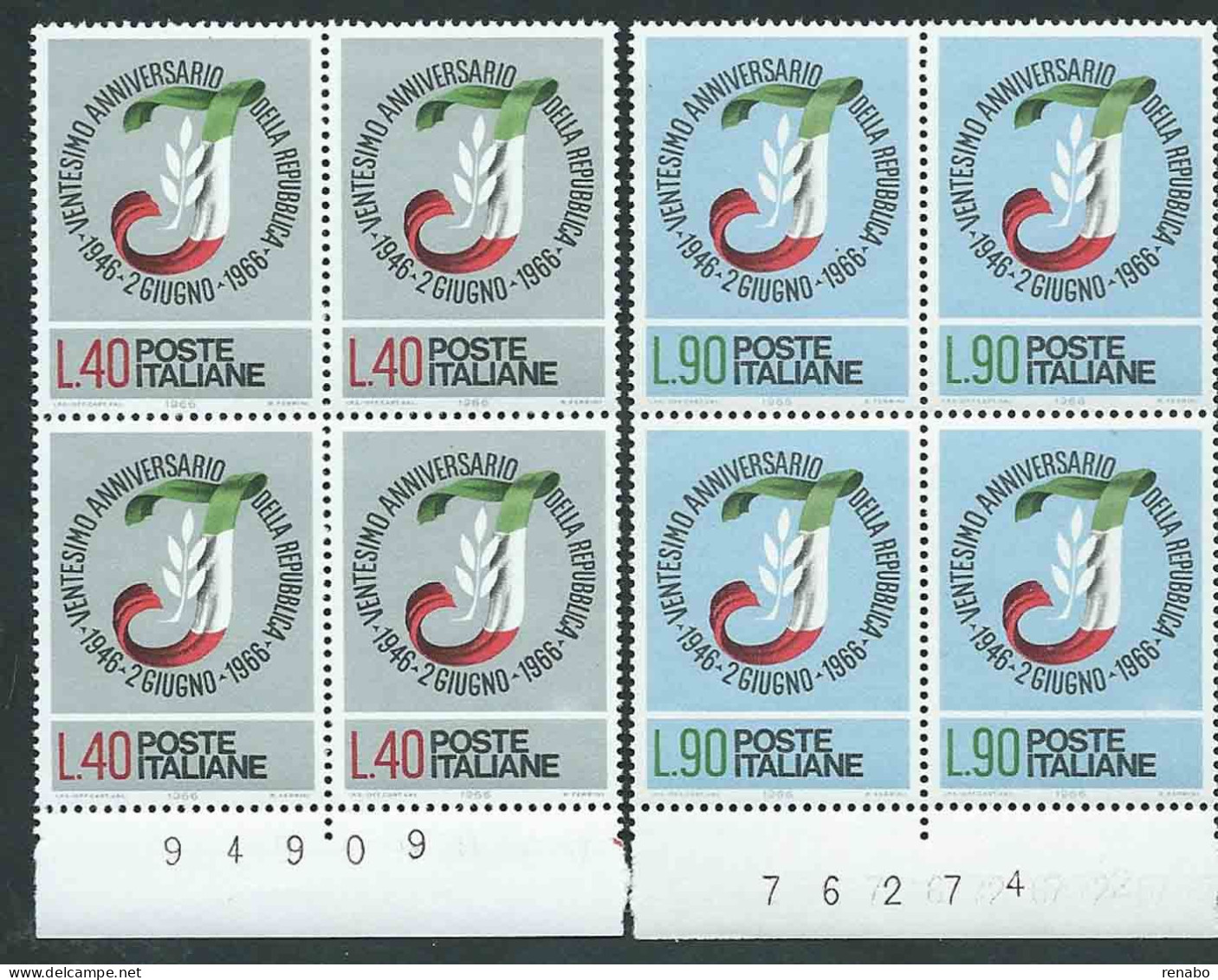 Italia 1966; Ventennale Della Repubblica. Serie Completa In Quartine Con Il Numero Del Foglio. - 1961-70: Mint/hinged