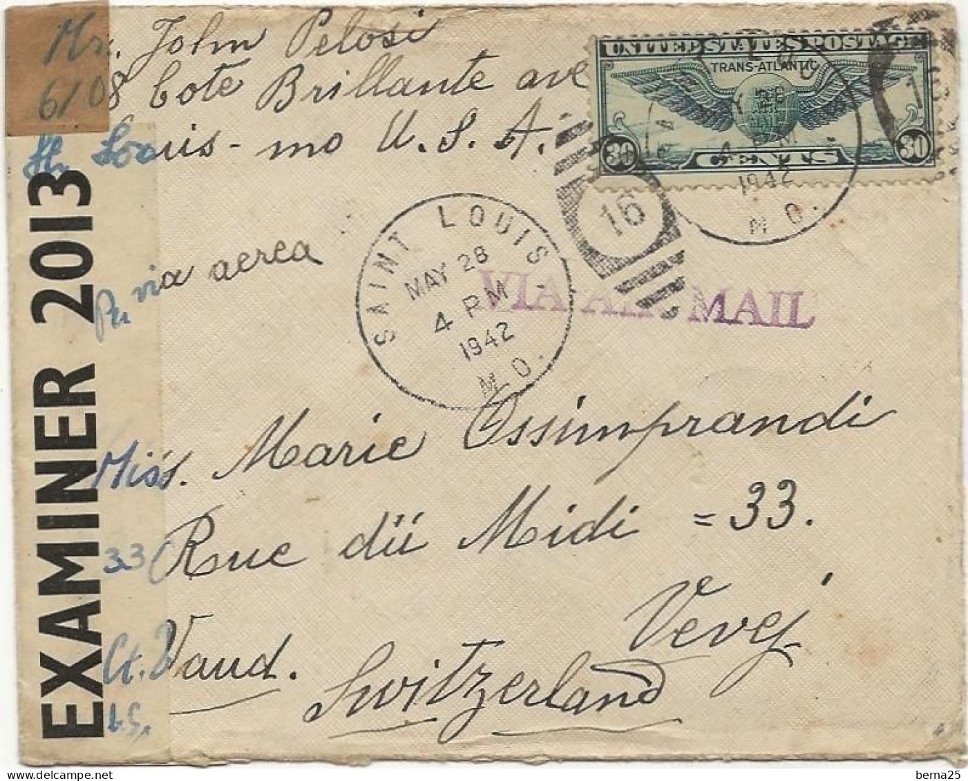 LETTRE CENSUREE DE 1942 DES ETATS UNIS POUR LA SUISSE CACHET SAINT LOUIS ET GRIFFE NUMERO 16  TP 30 CENTS TRANS ATLANTIC - Variétés, Erreurs & Curiosités