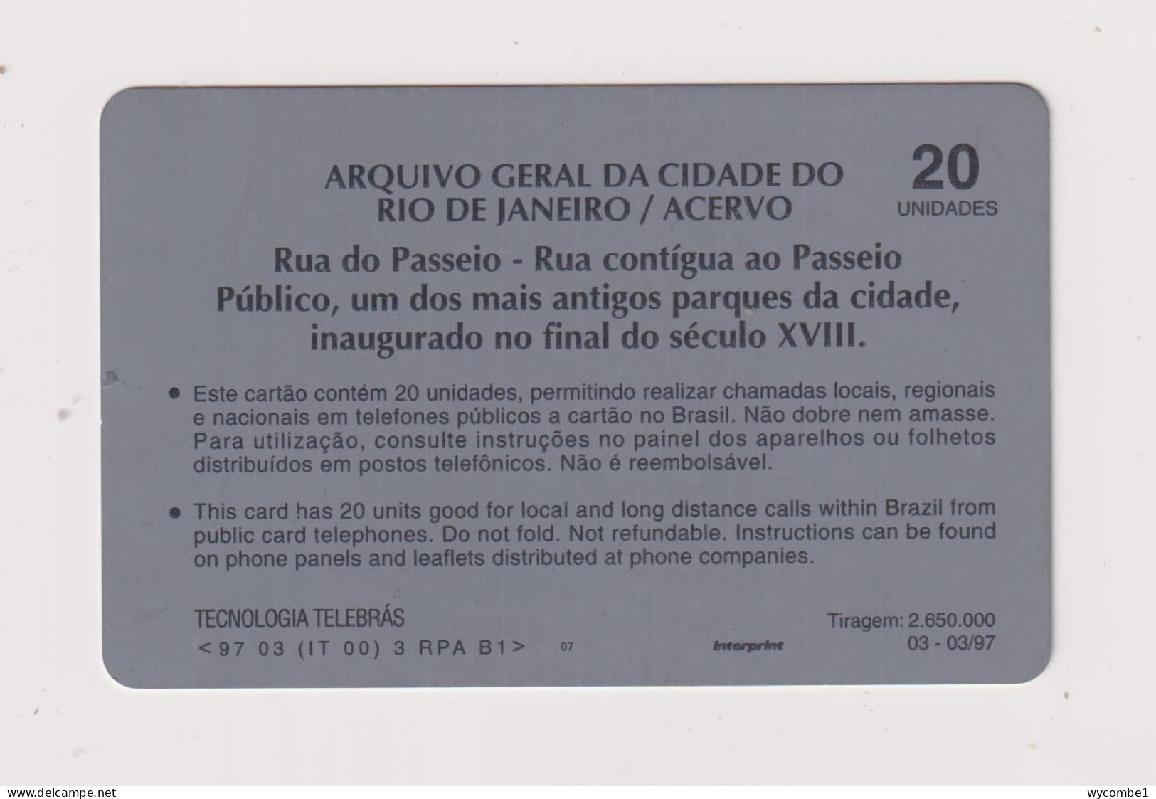 BRASIL - Rio De Janeiro Inductive  Phonecard - Brésil