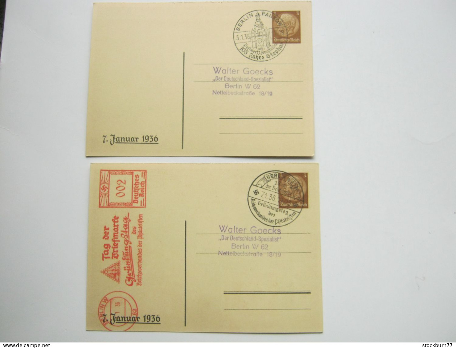 1936 , 2 Privatganzsachen " Tag Der Briefmarke " , 1 Mal Mit Freistempel - Private Postwaardestukken