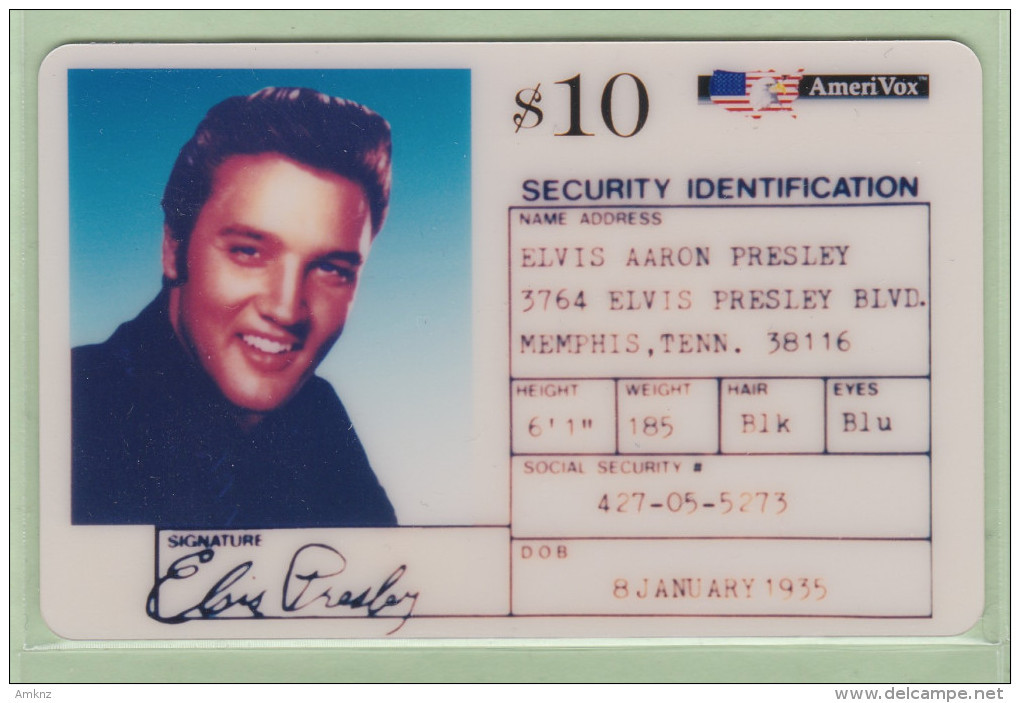 USA - Amerivox - 1994 Elvis Presley - $10 ID Card - AVX-72b - Mint - Música