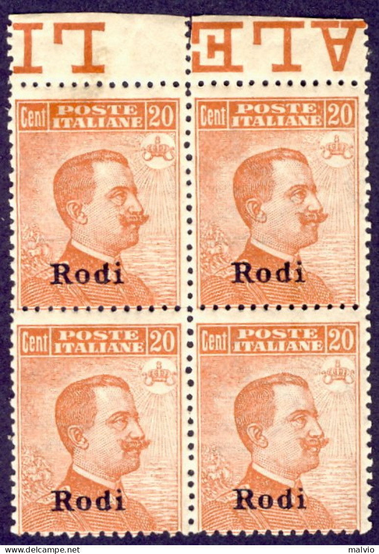 1918-Rodi (MNH=**) Quartina 20c. Michetti Con Bordo Di Foglio Cat.Sassone Euro 7 - Egée (Rodi)