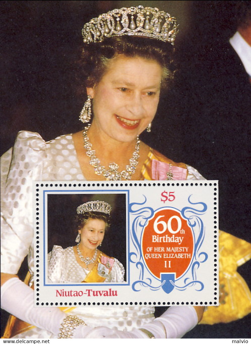 1985-Niutao Tuvalu (MNH=**) Foglietto S.1v."60  Anniversario Di Elisabetta II" - Tuvalu (fr. Elliceinseln)