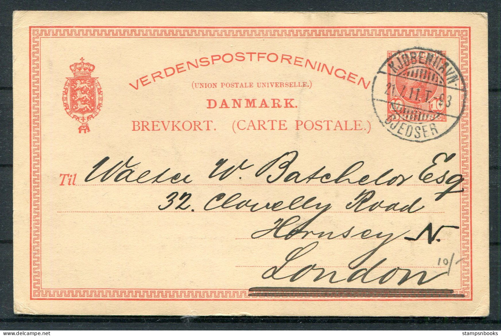 1911 Denmark 10ore Stationery Postcard Kjøbenhavn - Gjedser T-93 Railway- London England - Brieven En Documenten
