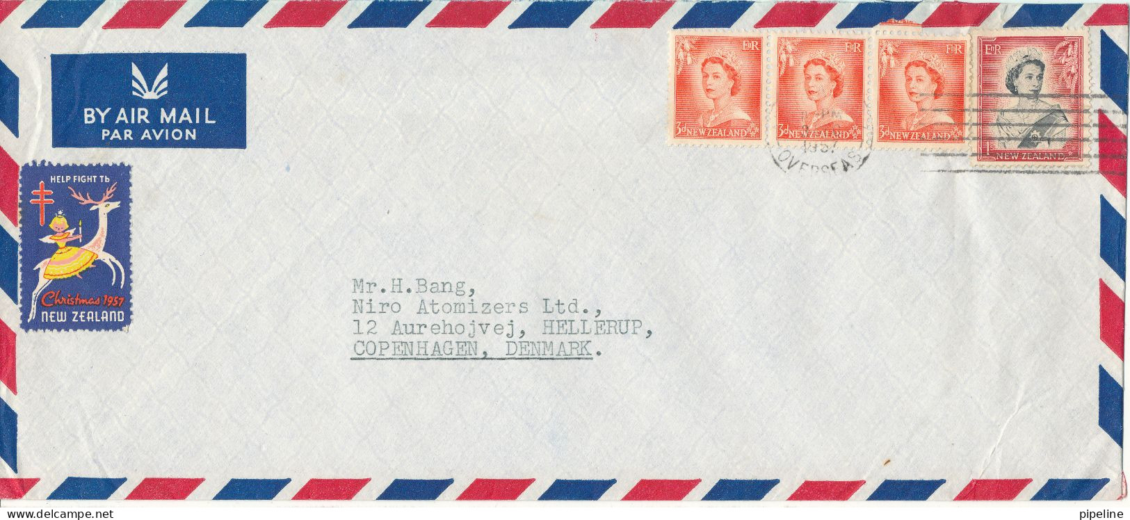 New Zealand Air Mail Cover Sent To Denmark 2-12-1957 - Corréo Aéreo