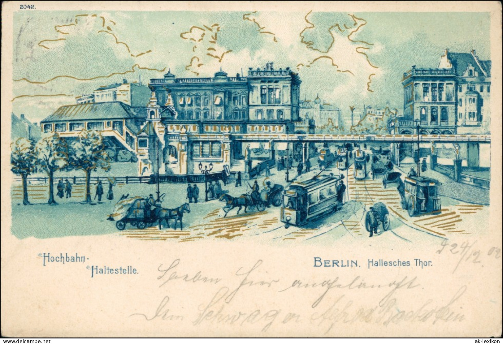 Kreuzberg-Berlin Haltestelle - Künstlerkarte Hallesches Tor 1902 Goldrand - Kreuzberg
