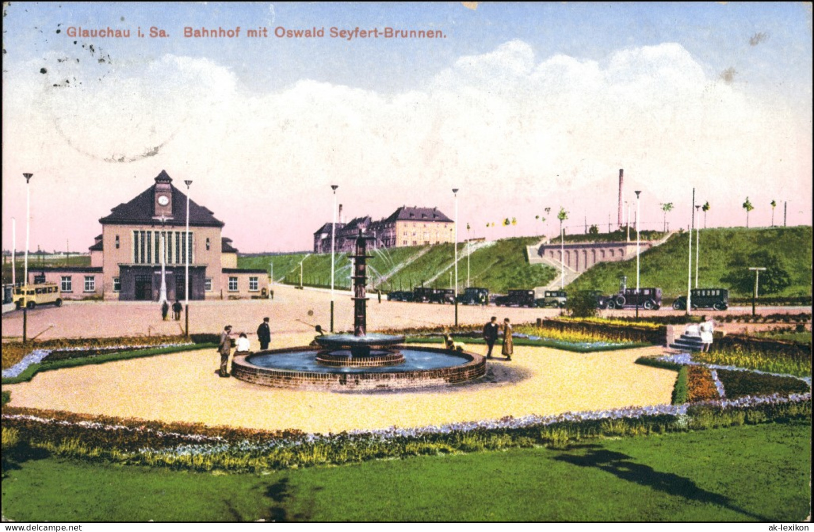 Ansichtskarte Glauchau Bahnhof, Oswald Seyfert Brunnen 1929 - Glauchau
