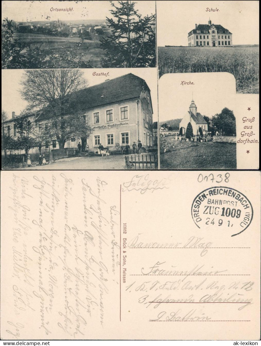 Ansichtskarte Großdorfhain-Tharandt 4 Bild. Gasthaus, Schule. Totale 1917 - Tharandt