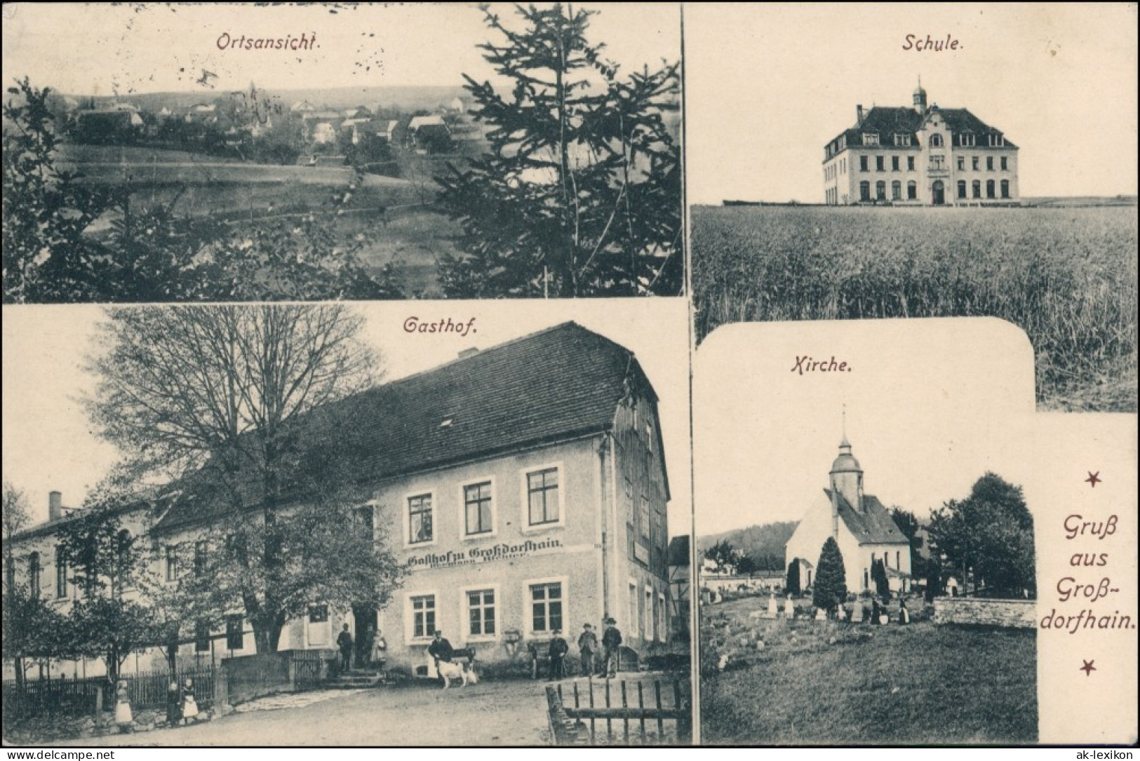 Ansichtskarte Großdorfhain-Tharandt 4 Bild. Gasthaus, Schule. Totale 1917 - Tharandt