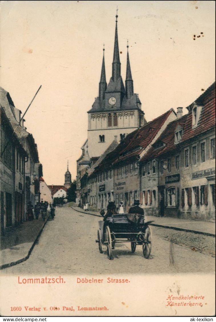 Lommatzsch Döbelner Straße, Bckerei - Kutsche Handcoloriert 1907 - Lommatzsch