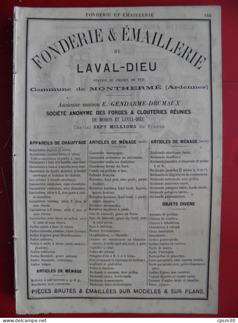 PUB 1884 - Fonderie & Email Laval-Dieu 08 Monthermé, Fonderie Fer Gustin 08 Deville, E Lelong 08 Vrigne Aux Bois - Publicités