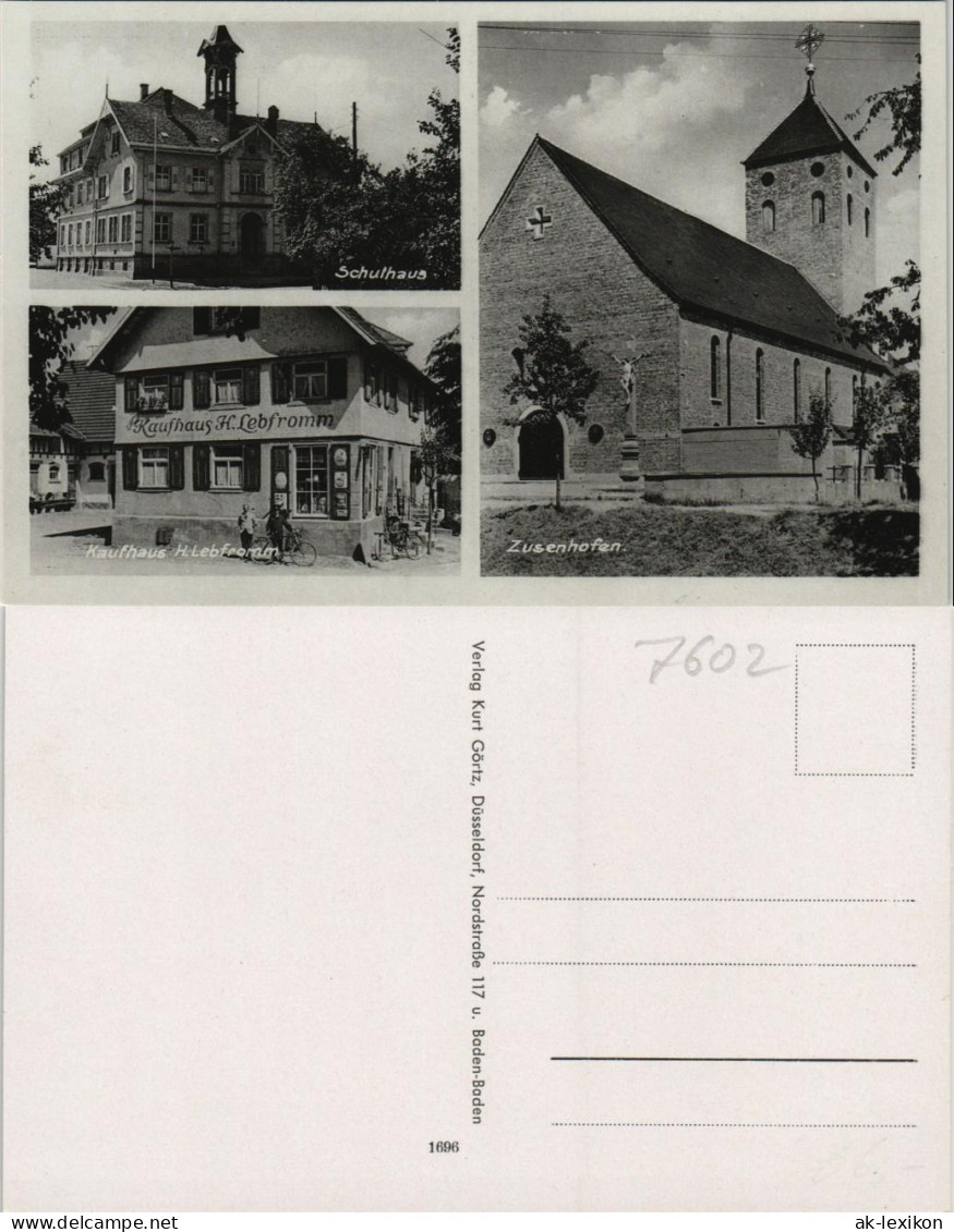 Ansichtskarte Zusenhofen-Oberkirch (Baden) Schulhaus, Kaufhaus, Kirche 1934 - Oberkirch