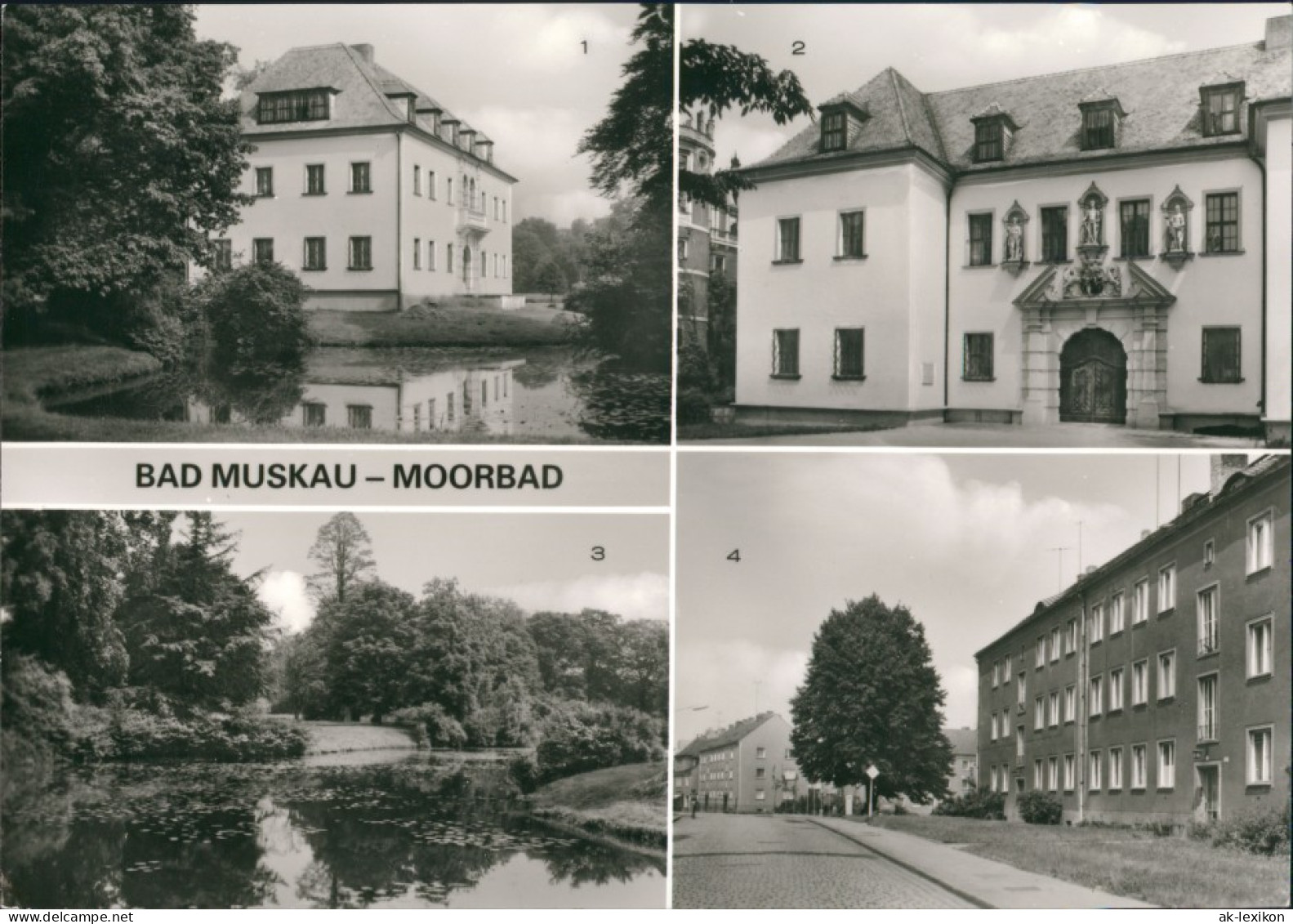 Ansichtskarte Bad Muskau 4 Bild: Schloß, Park, Kirchstraße 1980 - Bad Muskau