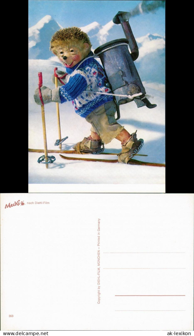 Mecki (Diehl-Film) Igel Puppe Auf Ski Mit Ofen Auf Rücken Geschnallt 1975 - Mecki