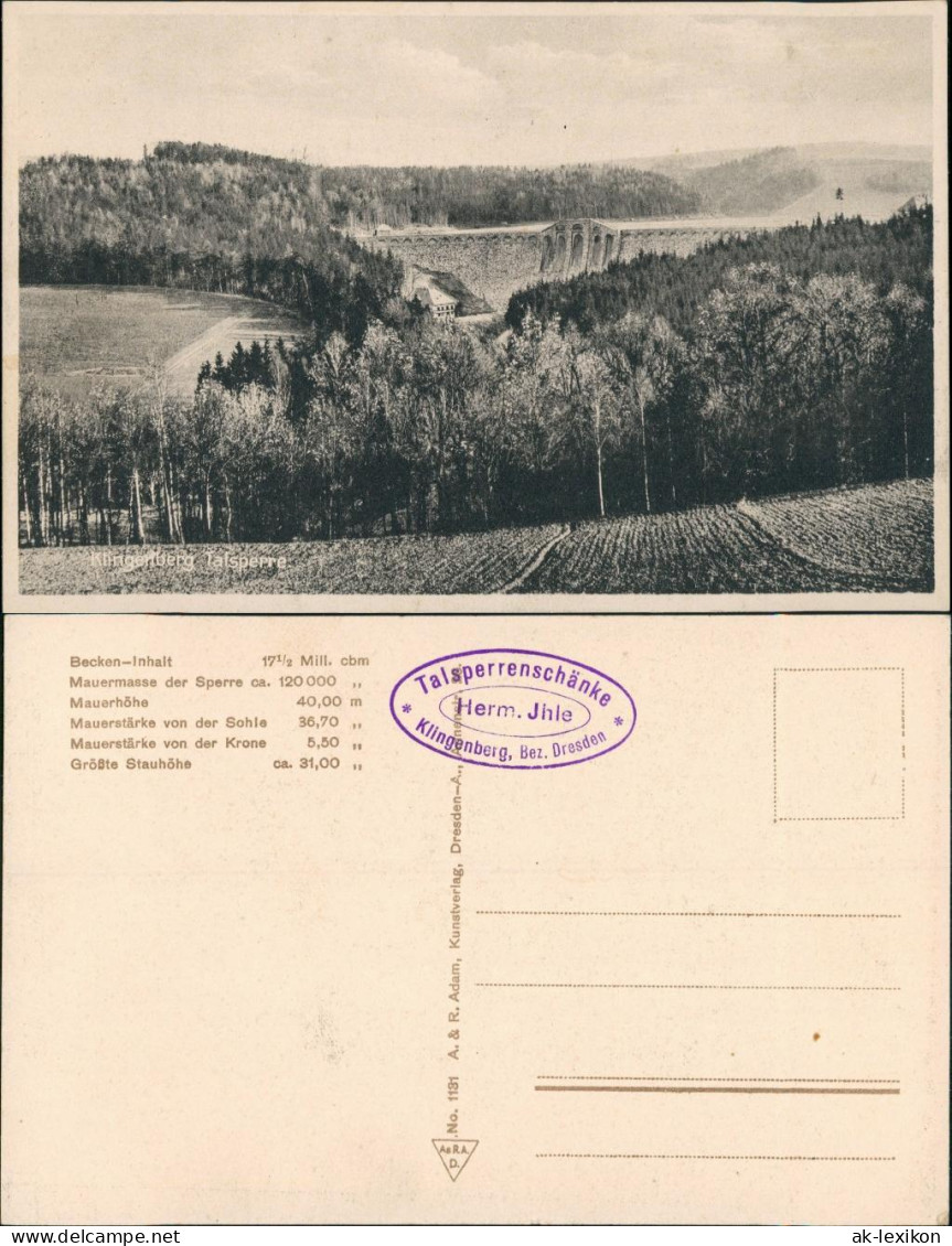 Ansichtskarte Klingenberg (Sachsen) Talsperre, Talsperrenschänke 1924 - Klingenberg (Sachsen)