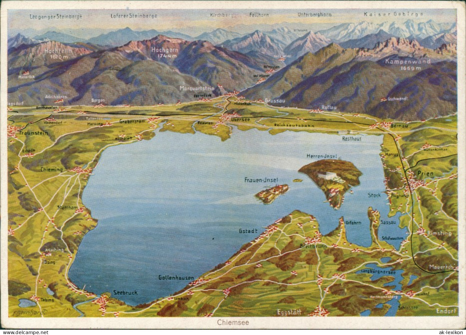 Ansichtskarte Chiemsee Chiemsee (See) Umgebungskarte, Alpen Panorama 1956 - Chiemgauer Alpen