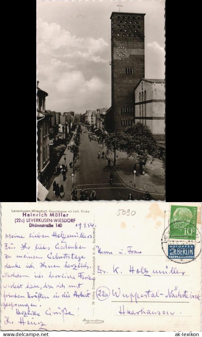 Ansichtskarte Wiesdorf-Leverkusen Hauptstraße - Kat. Kirche 1954 - Leverkusen