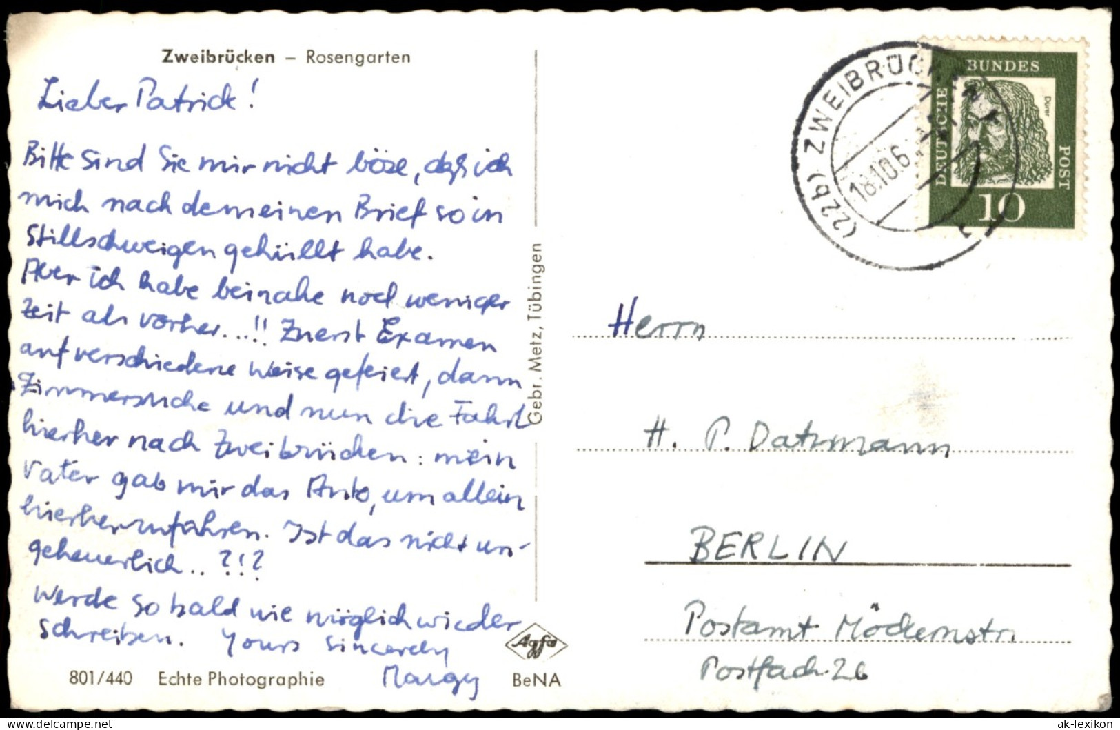 Ansichtskarte Zweibrücken Rosengarten - Fotokarte 1964 - Zweibrücken