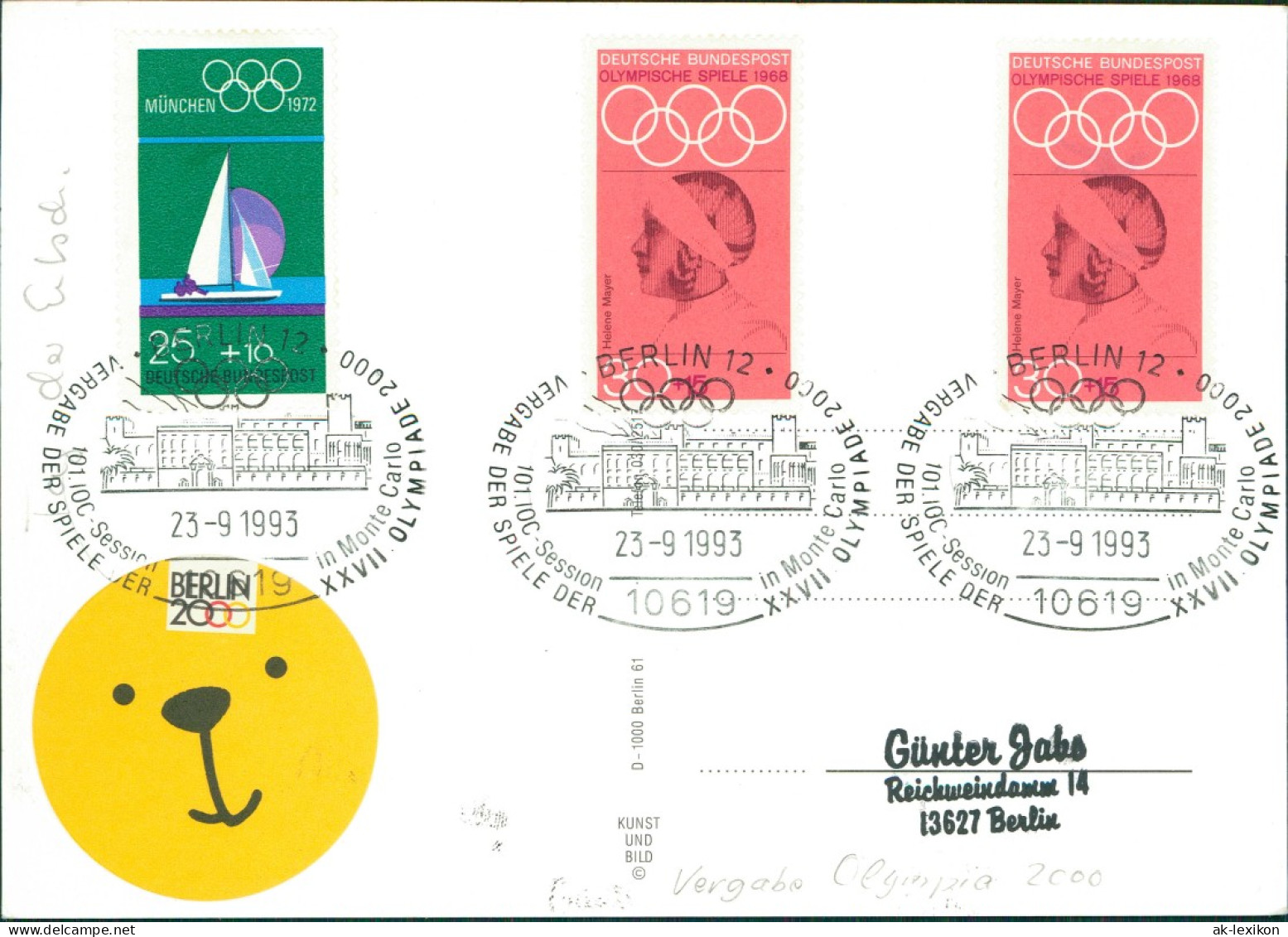 Ansichtskarte Mitte-Berlin Brandenburger  1993  Olympia-Sondermarken Von 1972 - Brandenburger Tor