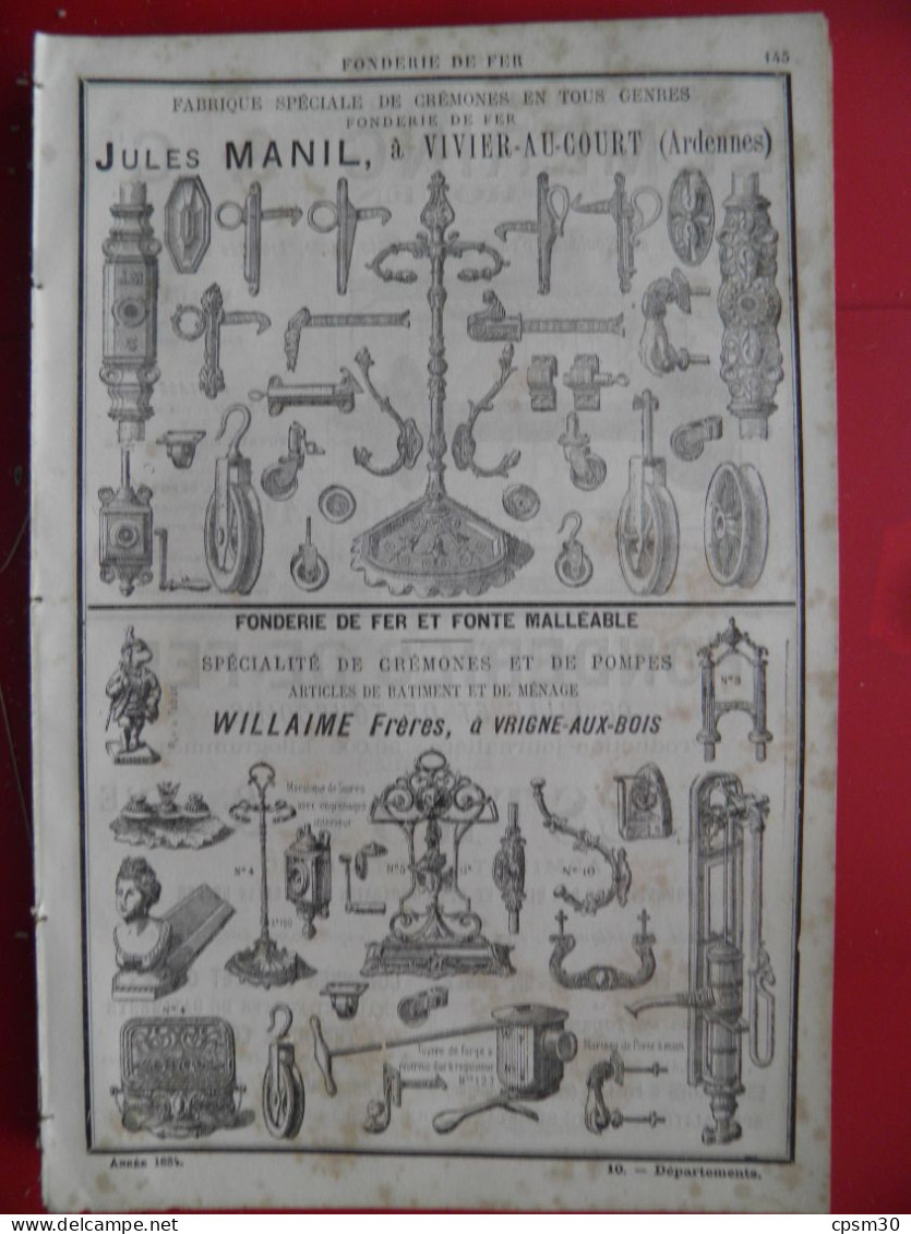 PUB 1884 - Fonderie Fer J Manil 08 Vivier-aux-Court, Willaime 08 Vrigne-aux-Bois, Elmeric 76 Rouen, Questroy 59 Lille - Publicités