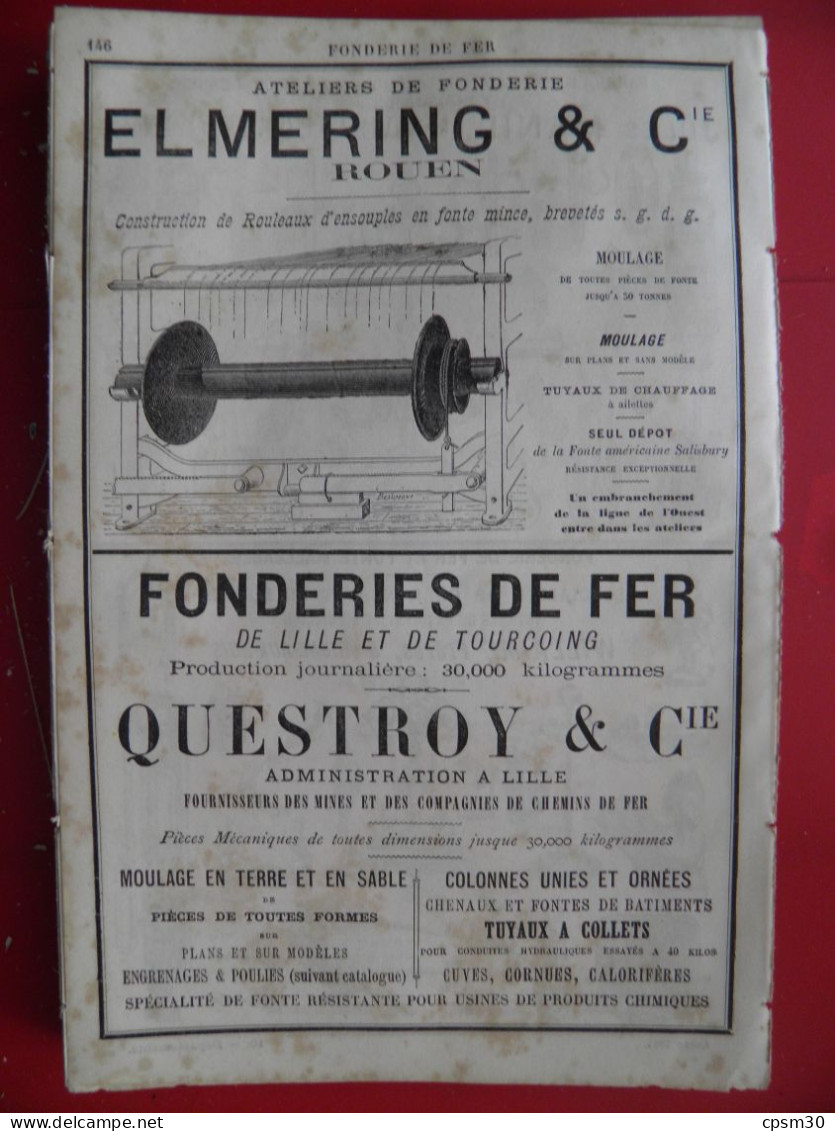 PUB 1884 - Fonderie Fer J Manil 08 Vivier-aux-Court, Willaime 08 Vrigne-aux-Bois, Elmeric 76 Rouen, Questroy 59 Lille - Publicités