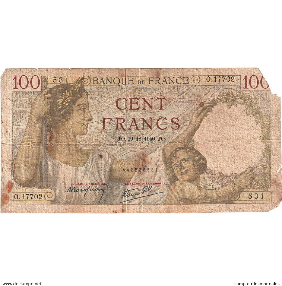 France, 100 Francs, Sully, 1940, O.17702, AB, Fayette:26.43, KM:94 - 100 F 1939-1942 ''Sully''