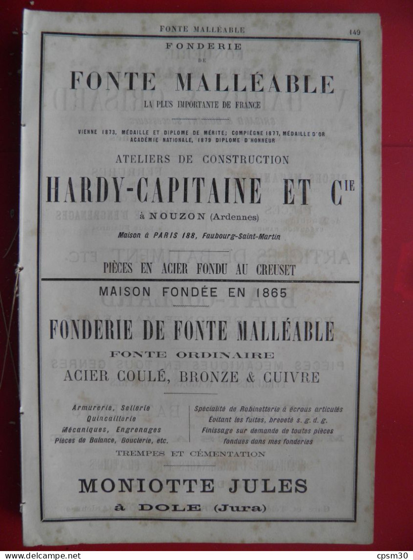 PUB 1884 - Fonderie Fonte Maléable Hardy 08 Nouzon, Moniotte 39 Dole, Hardy-Grisard 08 Vrigne-aux-Bois, Blay-Collard 08 - Publicités