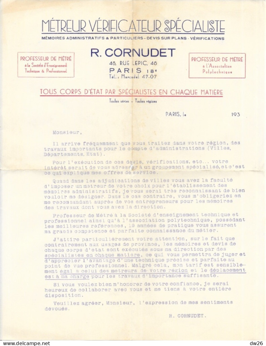 Courrier: Offre De Service R. Cornudet, Métreur, Vérificateur Spécialiste, Paris (Professeur De Métré) - 1900 – 1949