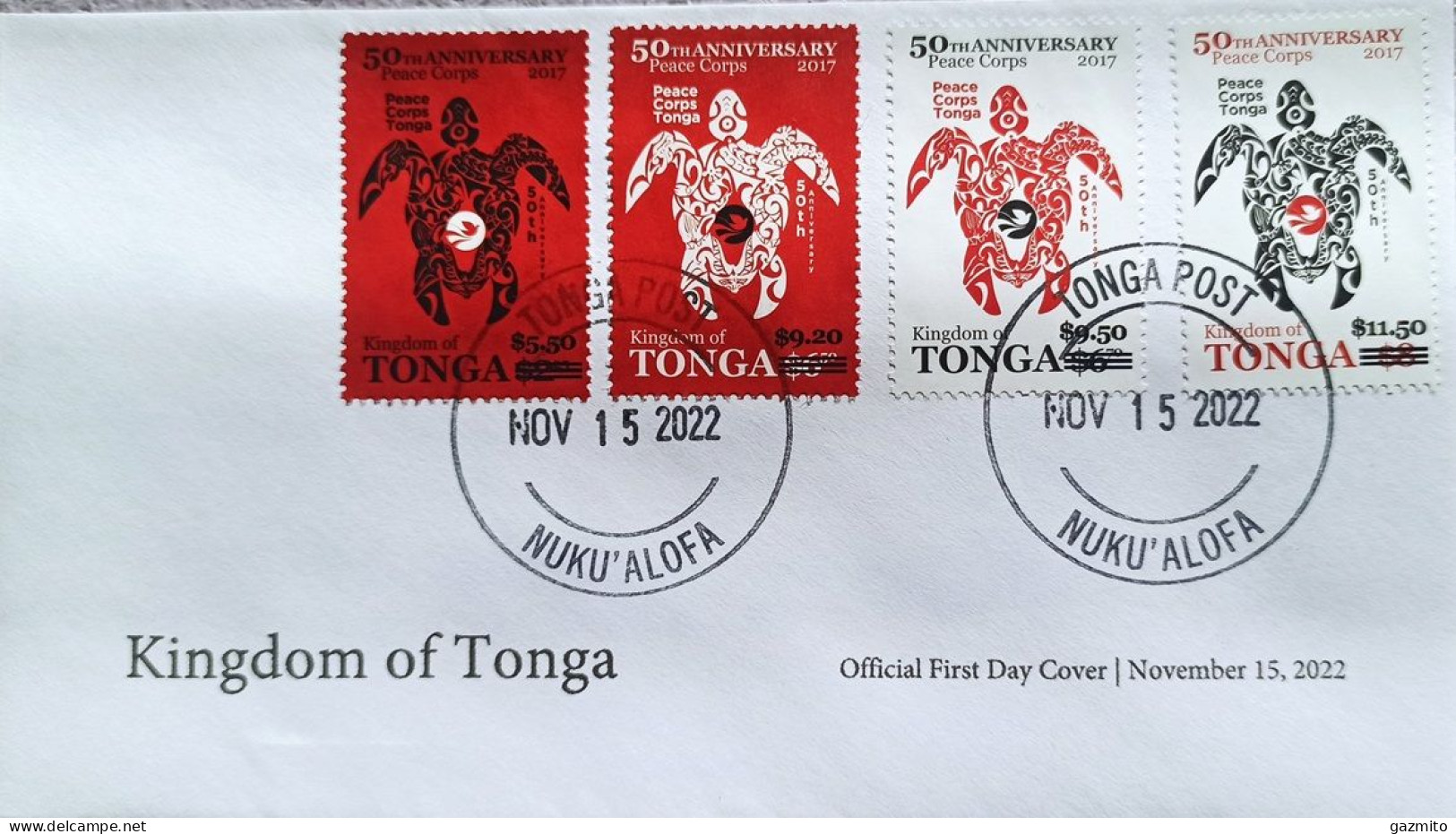 Tonga 2022, Peace Corps, Turtle, Overprinted, 4val In FDC - Tonga (1970-...)