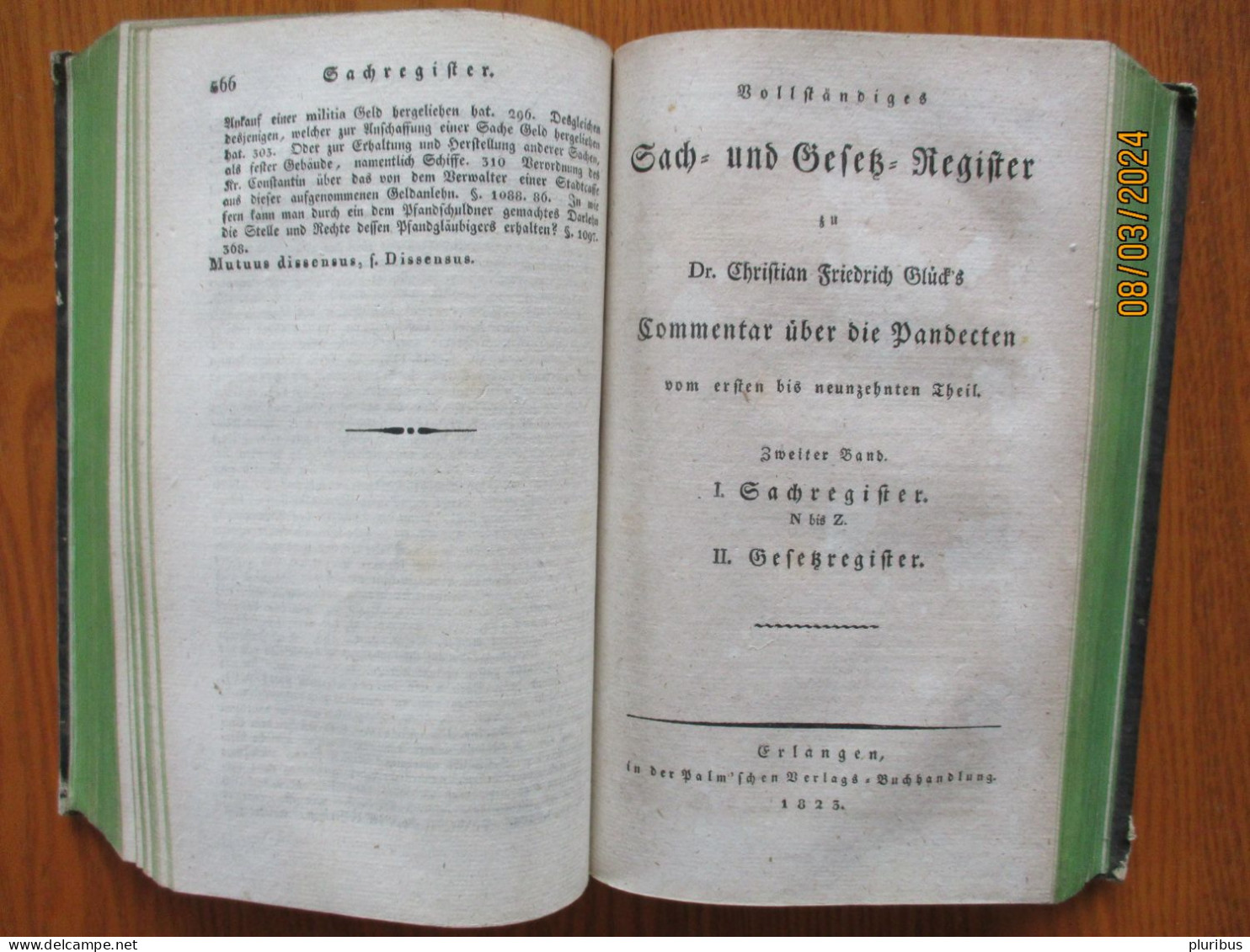 1822 Vollständiges Sach- Und Gesetz-Register Zu Christian Friedrich Glück's Commentar über Die Pandecten ,18-6 - Alte Bücher