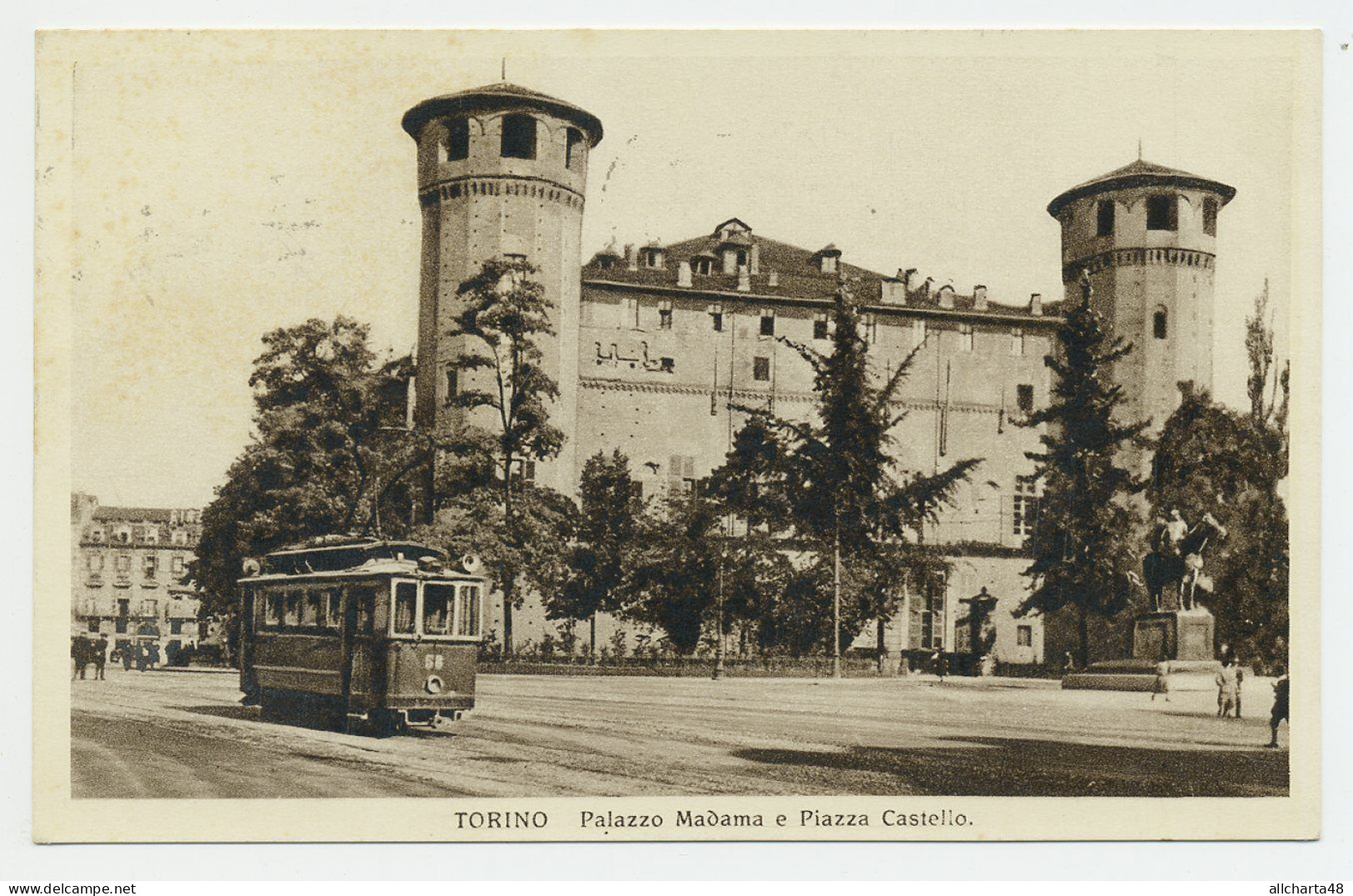 D7716] TORINO PIAZZA CASTELLO - PALAZZO MADAMA FACCIATA MEDIEVALE - TRAM Viaggiata 1929 - Other Monuments & Buildings