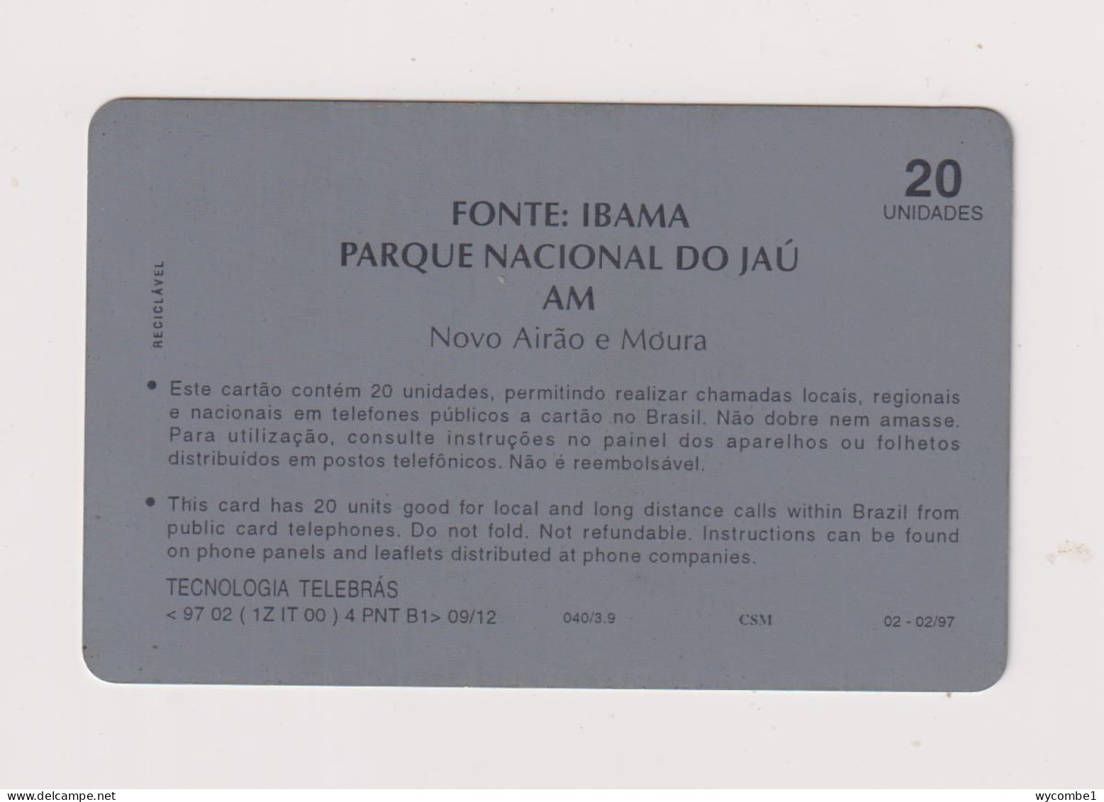 BRASIL - National Park Do Jau Am Inductive  Phonecard - Brazil