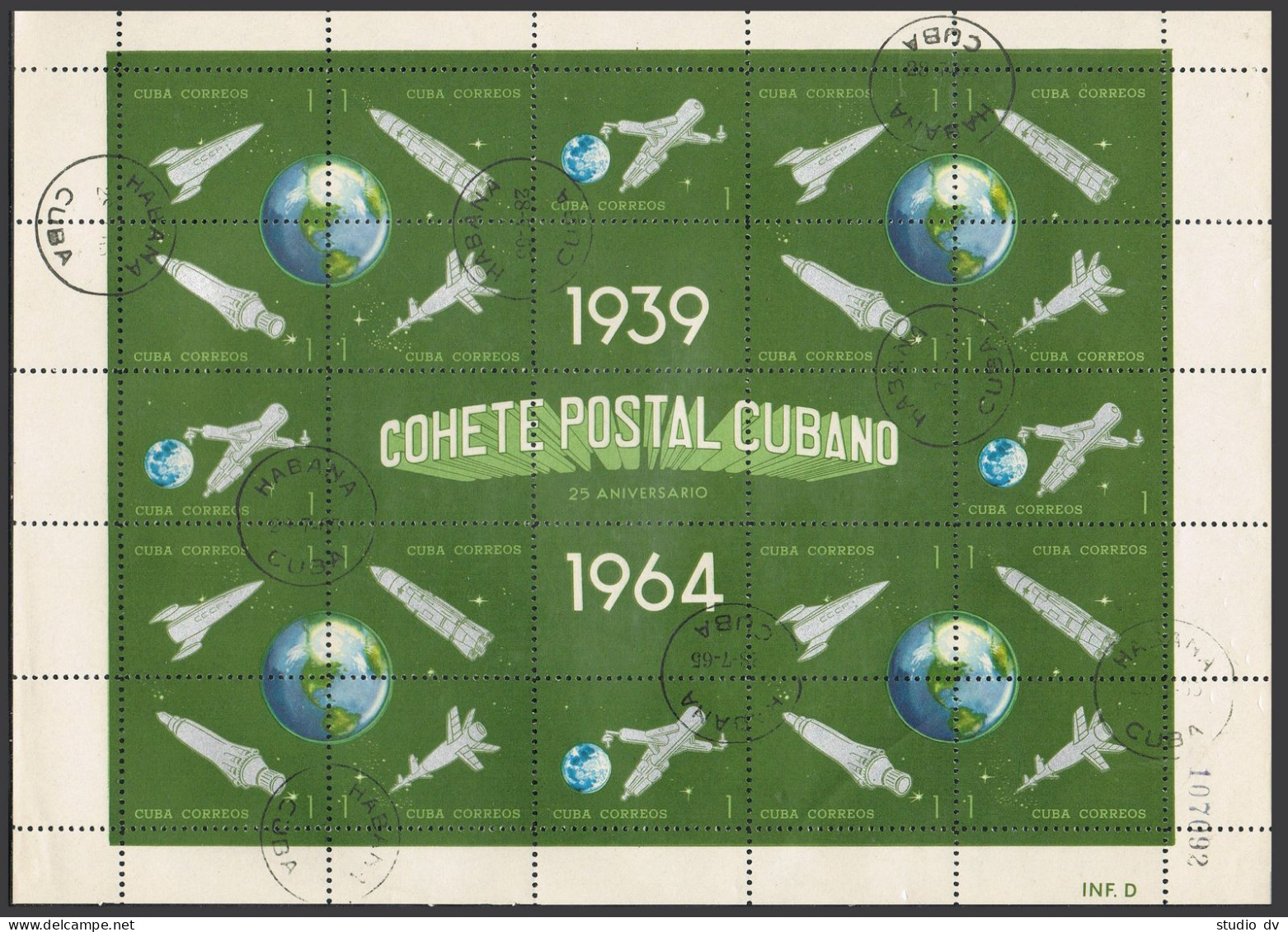 Cuba 858-882a Sheets,CTO.Michel 918-942. Experimental Cuban Postal Rocket,1964. - Ongebruikt