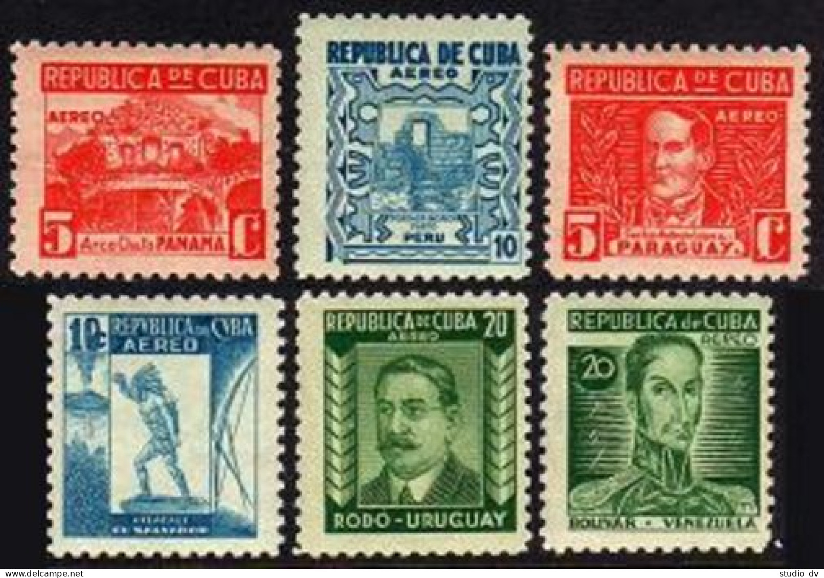 Cuba C24-C29,hinged.Mi 146-151. Air Post 1937.American History:Flag Arch;Heroes. - Unused Stamps
