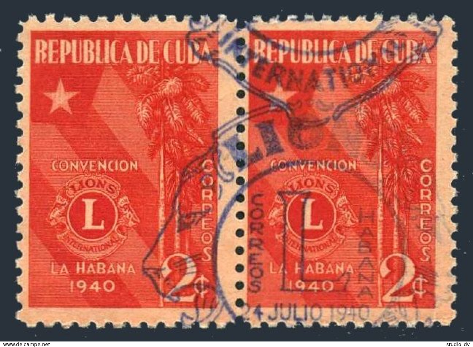 Cuba 363 Pair, Used. Mi 166. Lions International Convention, 1940. Flag, Palms. - Neufs