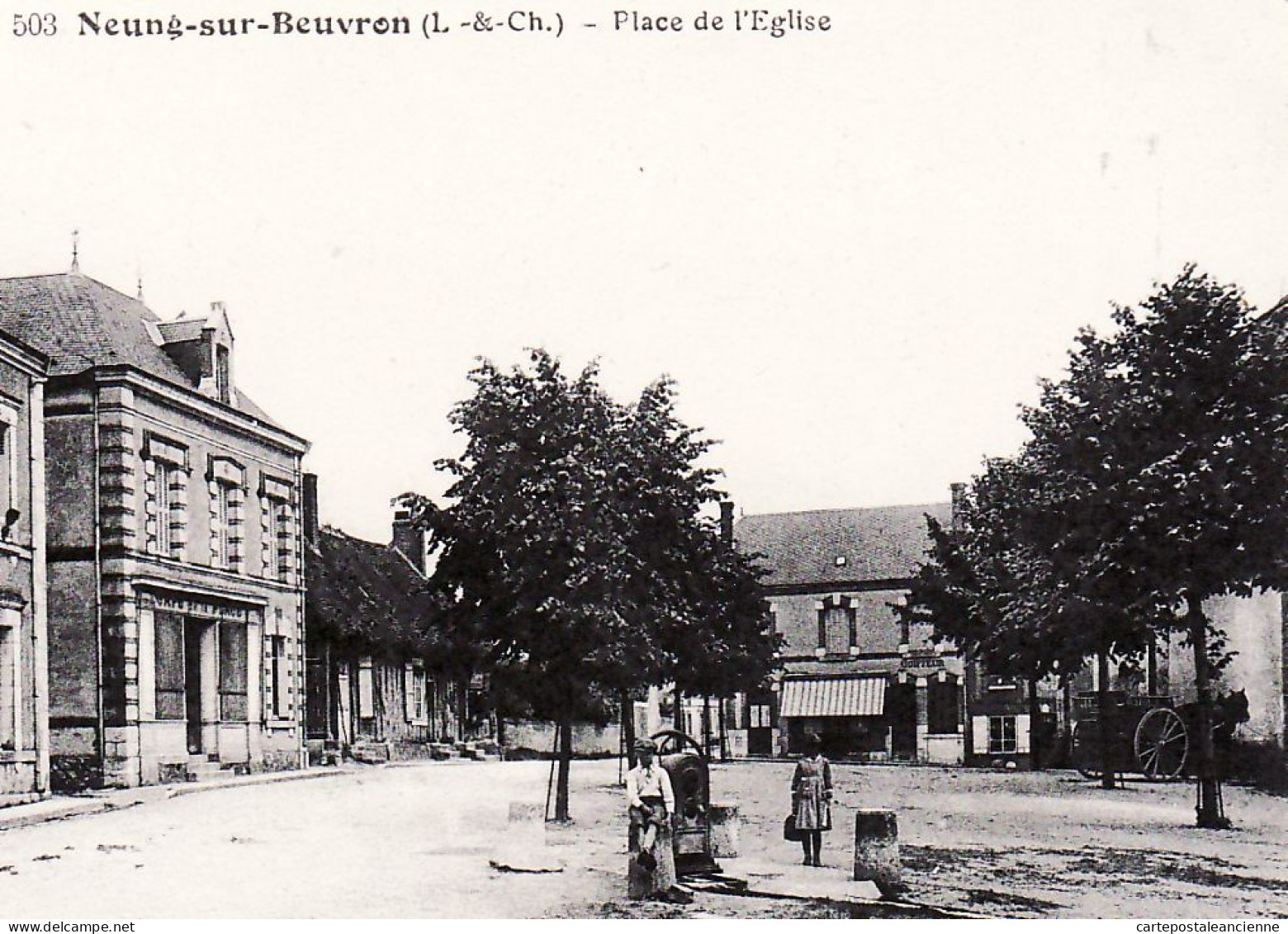 03154  / ⭐ ◉ ♥️ NEUNG-sur-BEUVRON 41-Loir-Cher Place EGLISE Café Coiffeur Enfants Fontaine 1910s- JACQUELiN 503 - Neung Sur Beuvron