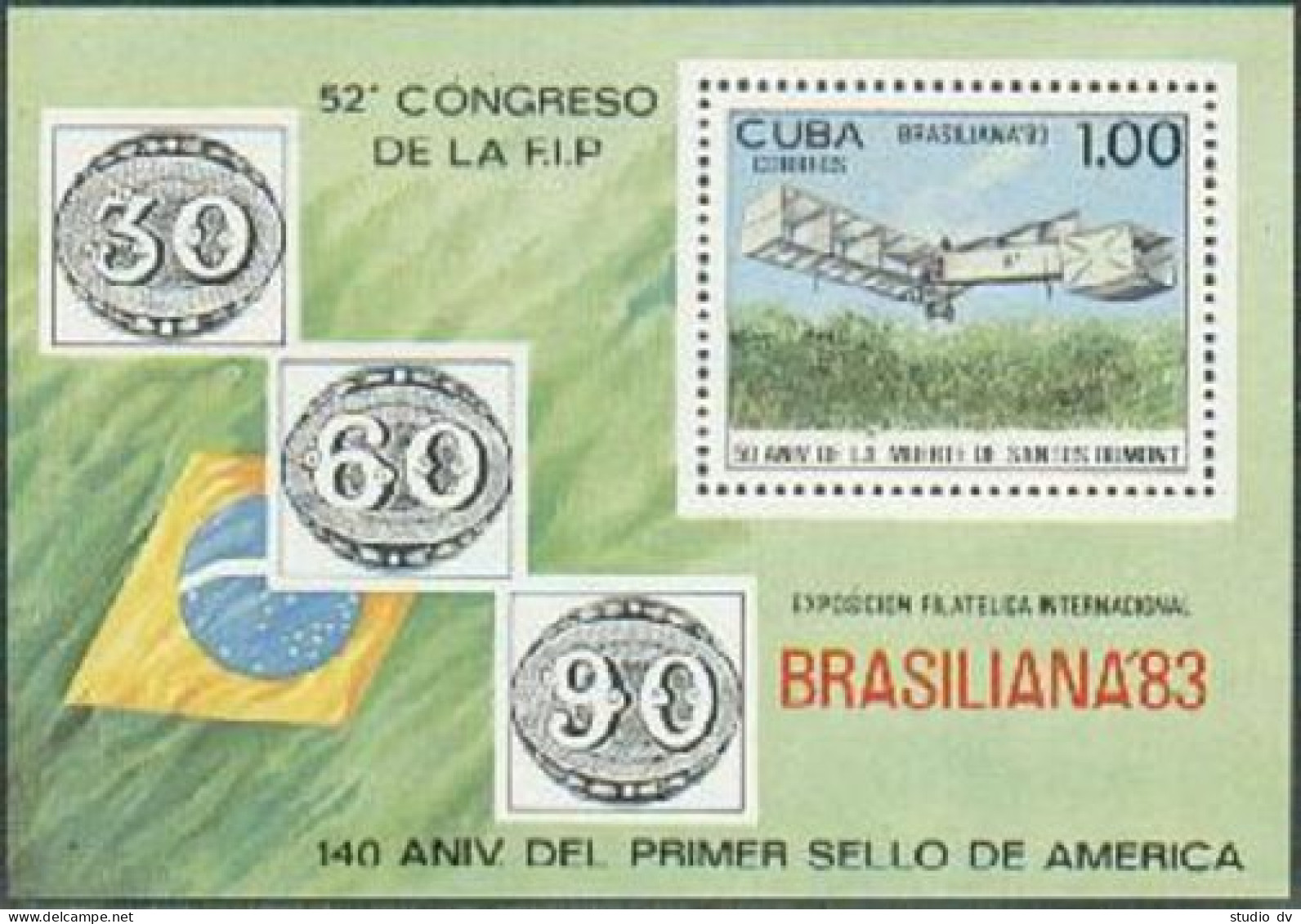 Cuba 2597,MNH.Michel Bl.78. BRAZILIANA-1983:Alberto Santos-Dumont.Aircraft. - Ongebruikt